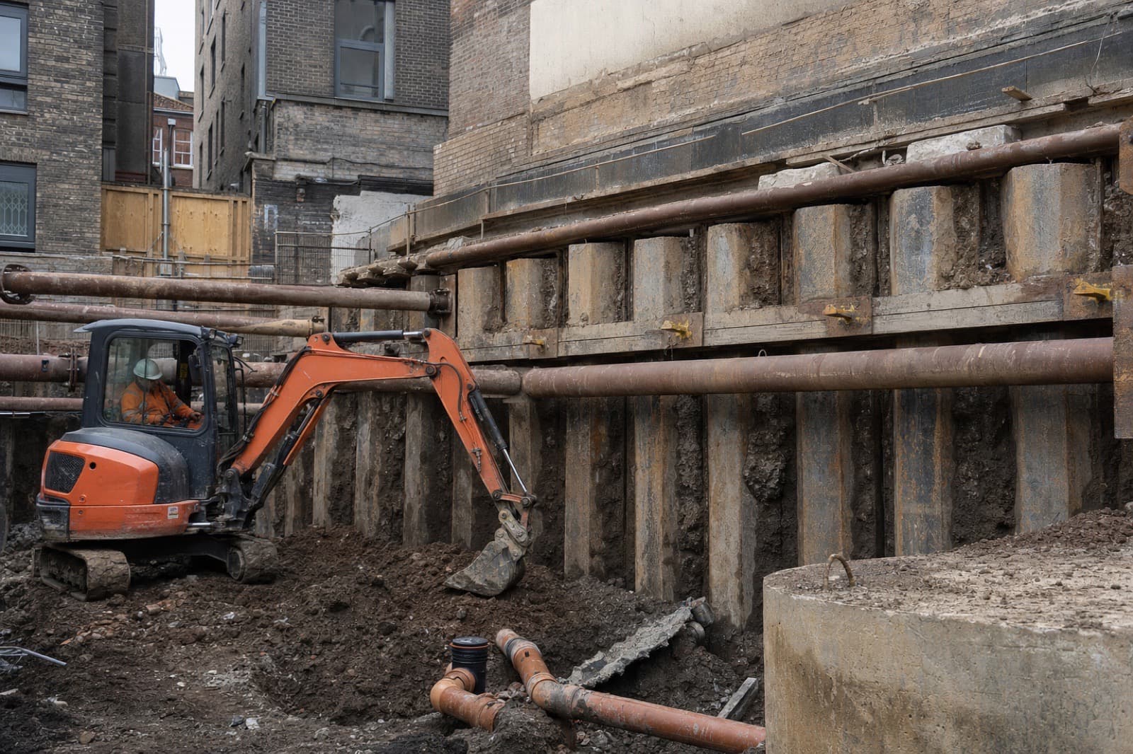 Groundworks and drainage sequencing on a live London development site