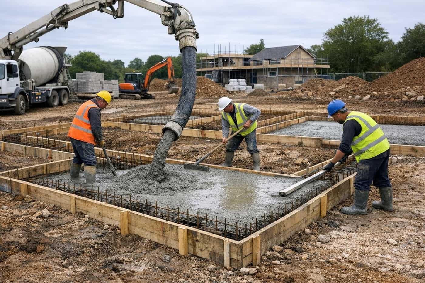 Concrete foundations on a housing plot ready for follow-on trades
